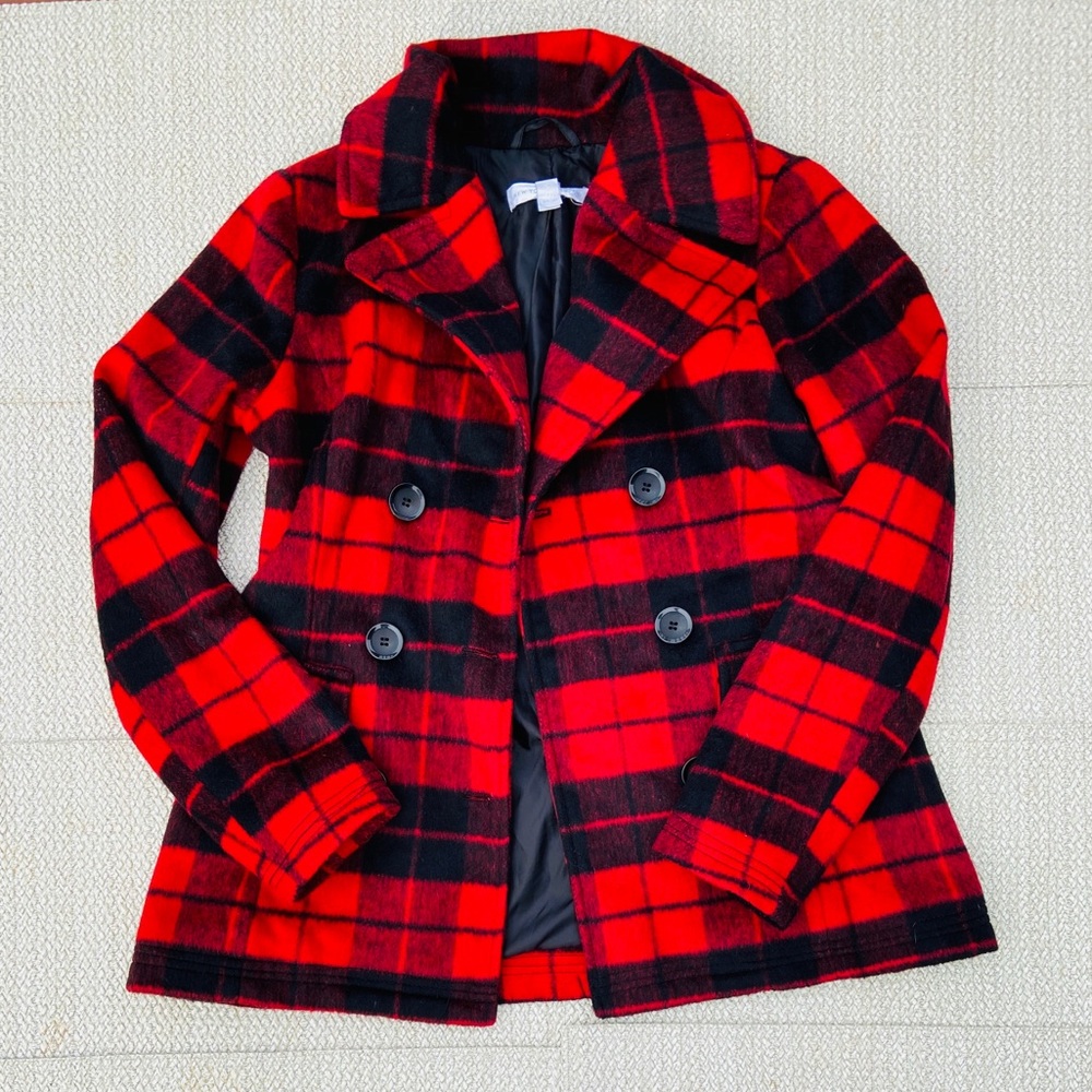 Red and black flannel peacoat